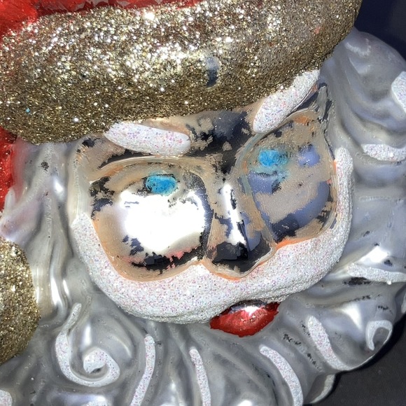 1 - Vintage Santa Head Ornament / Hand Blown Glass / Mercury / Glitter / Flaws - Picture 7 of 13